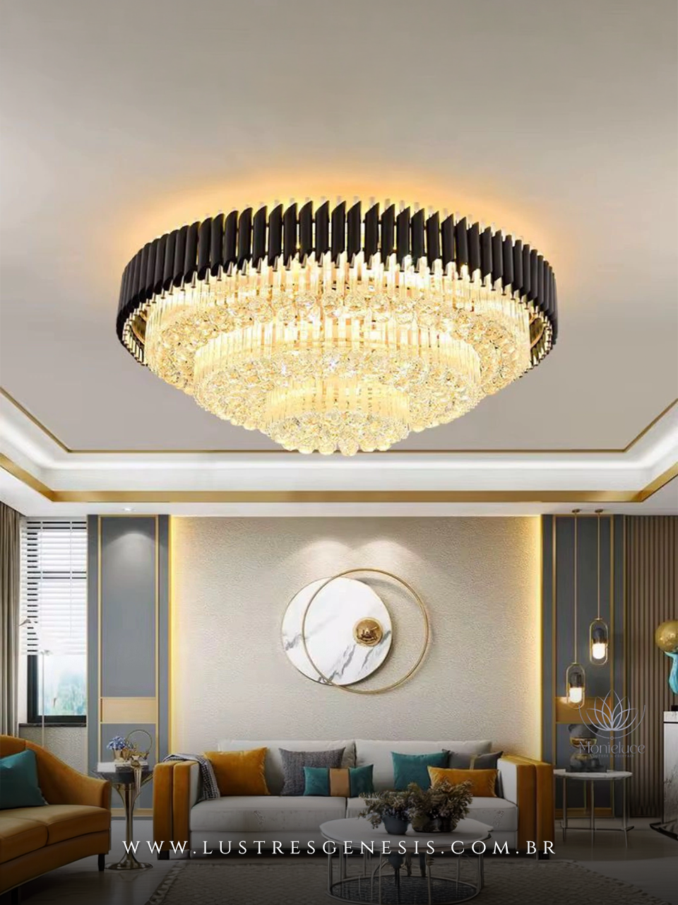 Lumin&aacute;ria de Teto Tun&iacute;sia Cristal K9 com Detalhes Pretos